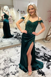Stacey | Dark Green Mermaid Lace Off the Shoulder Prom Dress with Slit - Dark Green - PromDressClub